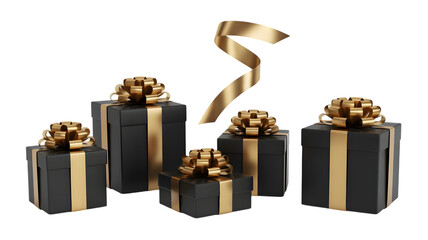 A collection of five black gift boxes with gold ribbon and bows, isolated on transparent background