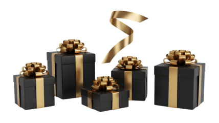 A collection of five black gift boxes with gold ribbon and bows, isolated on transparent background