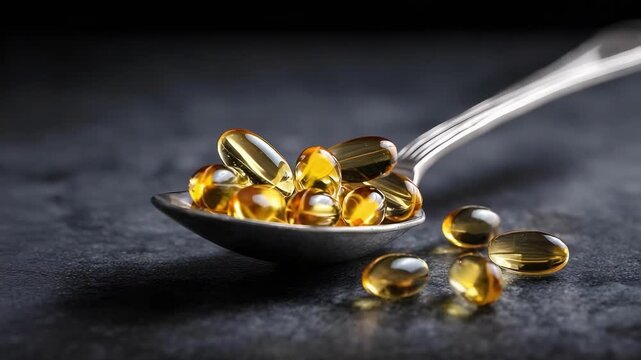 Yellow softgel capsules, likely fish oil or vitamins, spilled on a spoon.