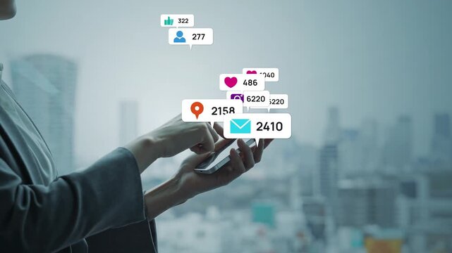 Concept image of a woman using a smartphone and social network
