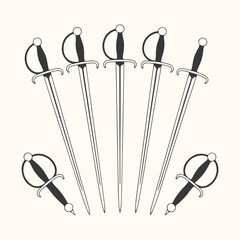 Vector art of a collection of five elegant rapiers and two small swords arranged in a fan shape on a light cream background