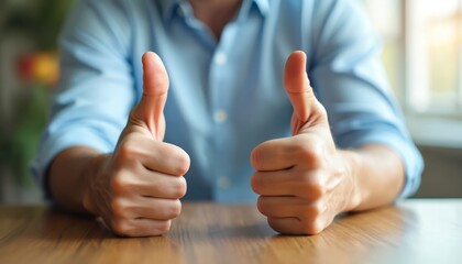 Man gives two thumbs up. Gesture signifies approval success good job. Person shows positive feedback. Agreement or like. Meeting or office setting.
