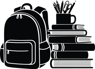 Vector art of a black and white illustration of a backpack next to a stack of books with pens and scissors in a mug