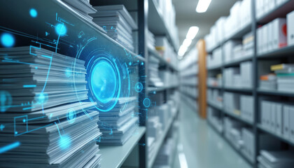 AI system digitizes, archives documents in office. Futuristic tech concept utilizes automated document processing. Digital transformation of paper files. Innovative data storage technology. Modern