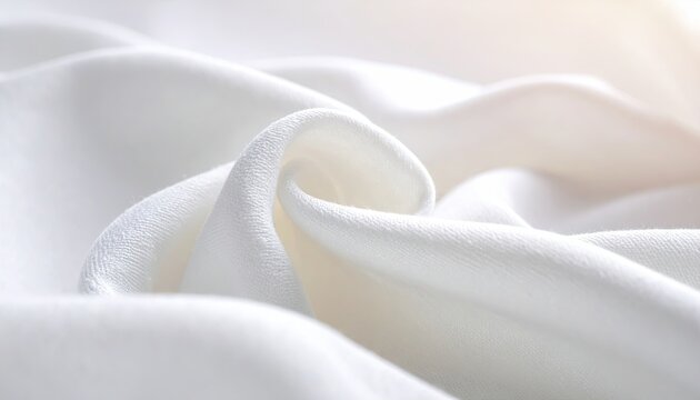 Close up macro shot of flowing white fabric with soft light and subtle texture creating a gentle abstract background with elegant waves and soft shadows