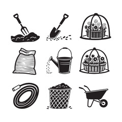 Black and White Gardening Tools Vector Set with Shovel, Hose, and Wheelbarrow. 