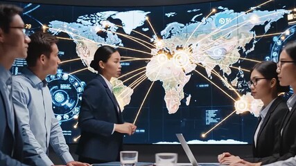 a group of business people discuss logistics and analytics on a large interactive world map - Powered by Adobe