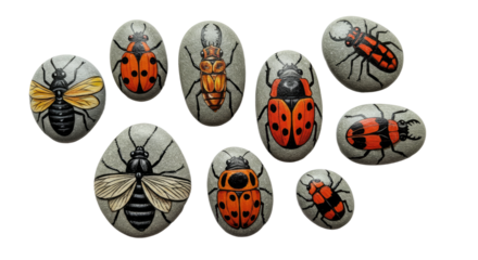 Hand-painted stones with realistic bee and ladybug insect designs, perfect for garden decor or nature-themed crafts