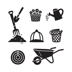 Black and White Gardening Tools Vector Set with Shovel, Hose, and Wheelbarrow. 