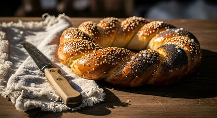 Freshly baked braided bread with sesame seeds and knife on wooden table ready to eat