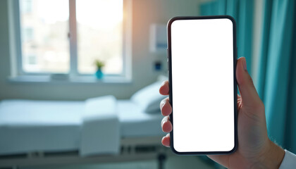 Smartphone with blank white screen in hand at hospital ward. Patient lies on bed. Mobile app for healthcare, telemedicine. Online consultation, digital treatment service with phone.
