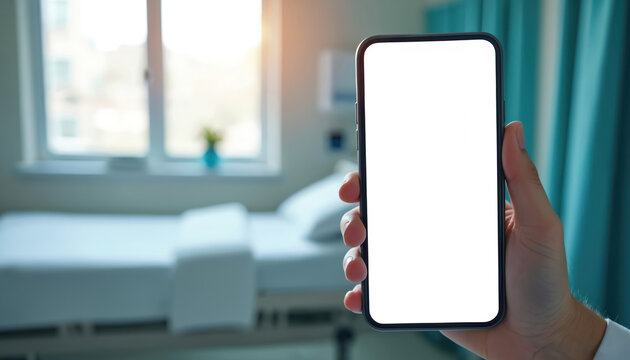 Smartphone with blank white screen in hand at hospital ward. Patient lies on bed. Mobile app for healthcare, telemedicine. Online consultation, digital treatment service with phone.