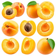 Collage of fresh apricots, some halved to reveal the pit, with green leaves. The background is pure white, emphasizing the fruits