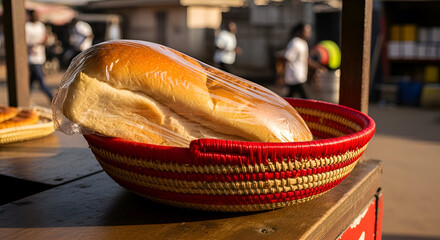 Fresh Loaf of Bread in a Decorative Basket on Wooden Table at an Outdoor Market