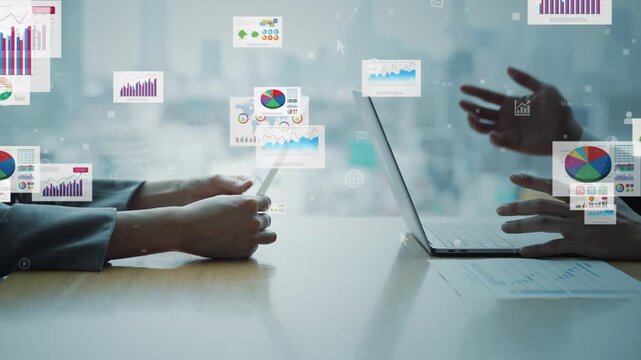 Concept image of a group of business people meeting in an office with business data