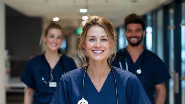 Smiling nurse in blue scrubs with a stethoscope around her neck, in a hospital hallway with two blurred colleagues behind.