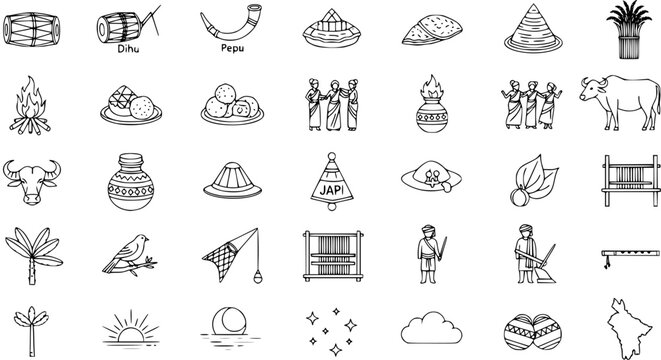 Assam Bihu Festival  Culture Icon Set: Traditional Assamese Drums, Japi, Dancers, Food, Buffalo, Weaving Loom  Nature Vector Art