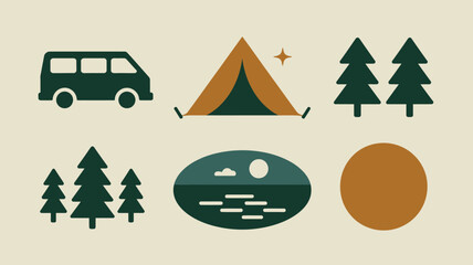 Obraz premium Illustration showing van tent trees lake sun against a beige background in a flat design style