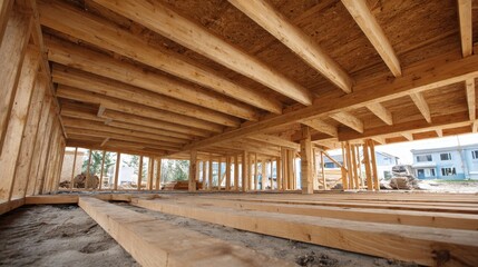 Wooden Floor Joists Installed at Construction Site: Timbers Supporting Architectural Design