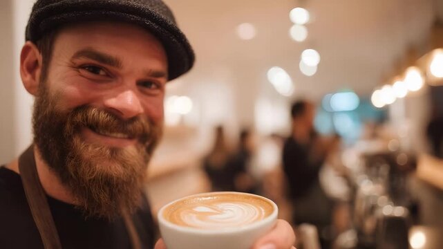 Smiling bearded man in a flat cap holds a cup of latte art in a cozy cafe.