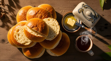 Freshly Baked Bread Rolls With Butter And Hot Coffee On a Wooden Surface