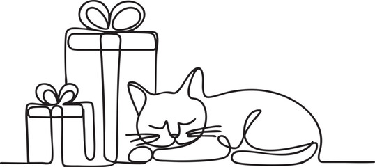 Continuous one line drawing of a cat sleeping beside Christmas presents symbolizing peace, warmth, and festive holiday spirit in minimalist art style