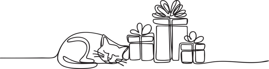 Continuous one line drawing of a cat sleeping beside Christmas presents symbolizing peace, warmth, and festive holiday spirit in minimalist art style