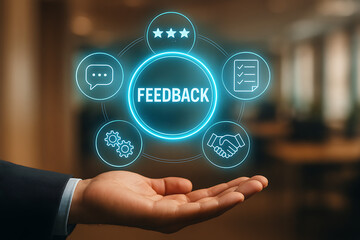Feedback mechanism and customer satisfaction loop with hand holding glowing neon icons for communication, rating stars, checklist, handshake, and gears on abstract background