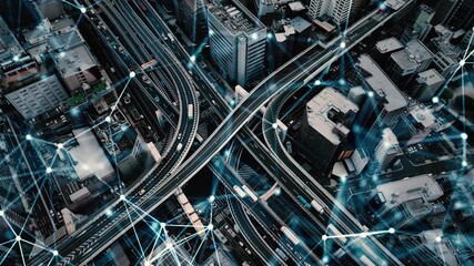 Concept image of a modern city and roads taken by drone with a bird's-eye view and communication network - Powered by Adobe