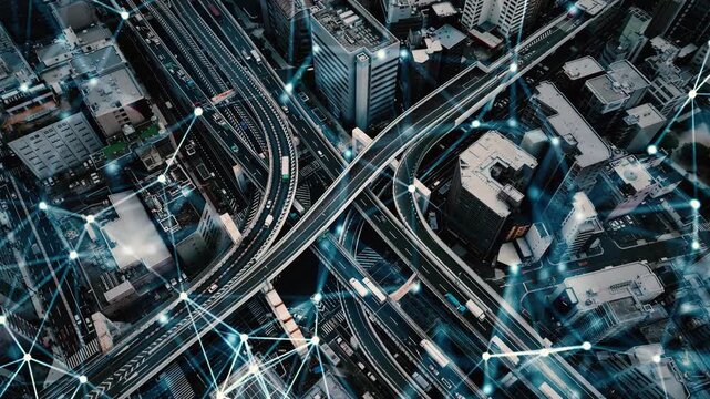 Concept image of a modern city and roads taken by drone with a bird's-eye view and communication network