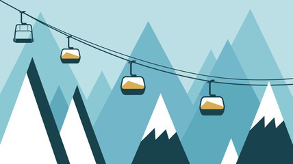 Illustration of ski lift chairs over mountains with snow caps in a winter landscape scene