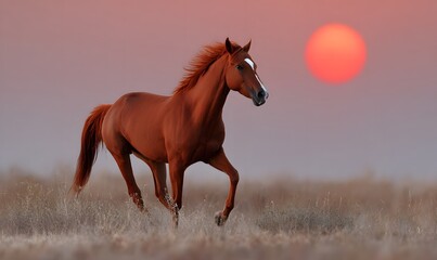 Obraz premium running red horse with flaming mane in full growth in red against the background of a red sun