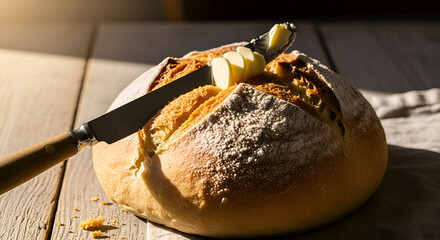 Freshly baked bread with butter slices and a knife on a rustic wooden table detail
