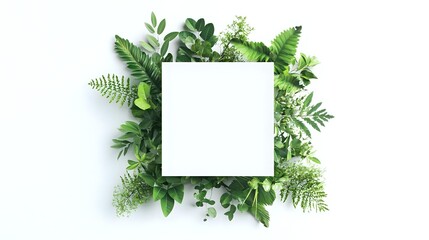 White square frame surrounded by lush green tropical leaves and ferns on white background, creating natural border design for text placement and creative layouts.