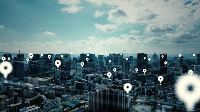 Concept image of aerial drone photography of a modern city and location information network