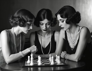 Three elegant women from 1920s play chess. Females in dresses and pearl necklaces concentrate on the game. Monochrome photo presents strategy during a chess match.