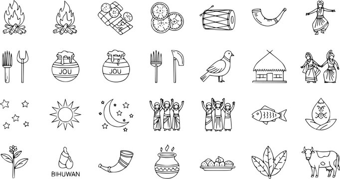 Assamese Bihu Festival Line Art Icons Set: Traditional Culture Symbols, Food, Dance, Music Instruments, Nature, and Festive Elements from Assam, India.