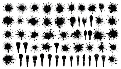 Collection of black splatters and brush shapes, designed for digital use. Various sizes and styles provide versatile decorative options
