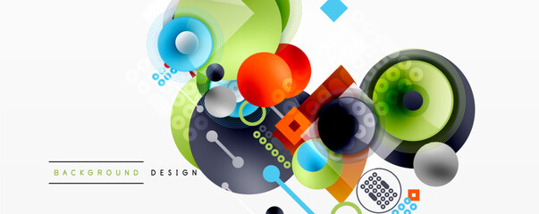 Abstract colorful shapes overlap, creating dynamic background design. Circles, squares, lines form modern composition. Bright hues dominate.