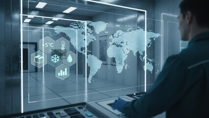 A technician using holographic controls in a blue cold room, showing cold chain logistics concept and logistics, and distribution planning