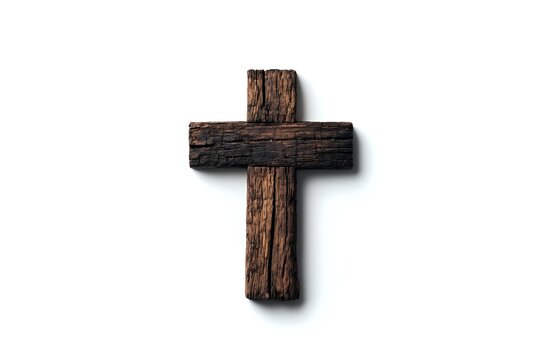 Rustic wooden cross with textured bark surface and natural wood grain detail isolated on white background for religious and spiritual designs.