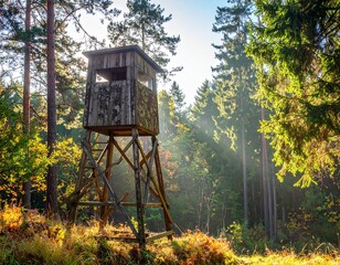 Camouflaged Wooden Hunting Stand Tower on white background 