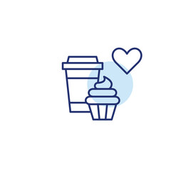 Takeaway coffee cup, cupcake and heart. Favorite treats. Pixel perfect, editable stroke vector icon