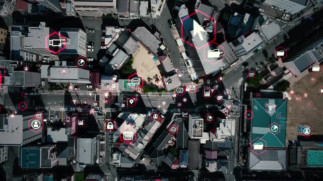 現代都市と道路の真俯瞰ドローン空撮とデジタルテクノロジーのコンセプトイメージ