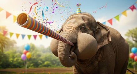 An elephant wearing a party hat blowing a noisemaker at an outdoor celebration