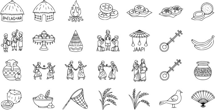 Assamese Bihu Festival Elements Vector. Hand-drawn line art icons of Assam culture: Bhelaghar, Jaapi, M?ji, Bihu dance, instruments, and traditional food.