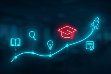 Educational path and career development growth with neon icons for study, idea, graduation, and success representing learning to success journey