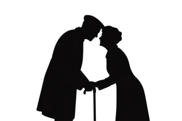 Loving elderly couple sharing a tender moment with a cane