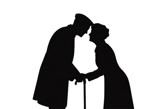 Loving elderly couple sharing a tender moment with a cane