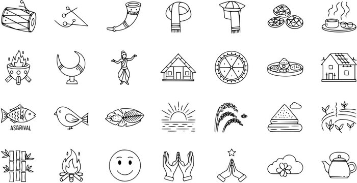 Collection of hand-drawn line art icons depicting traditional Indian and South Asian cultural elements, festivals, nature, and daily life symbols.